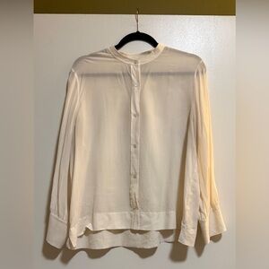 Everlane 100% silk monk collar collarless button up off white blouse 14